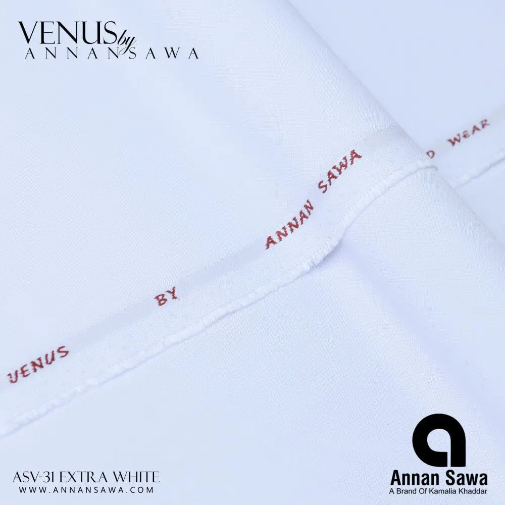 Close-up of white wash and wear fabric with Annan Sawa branding.