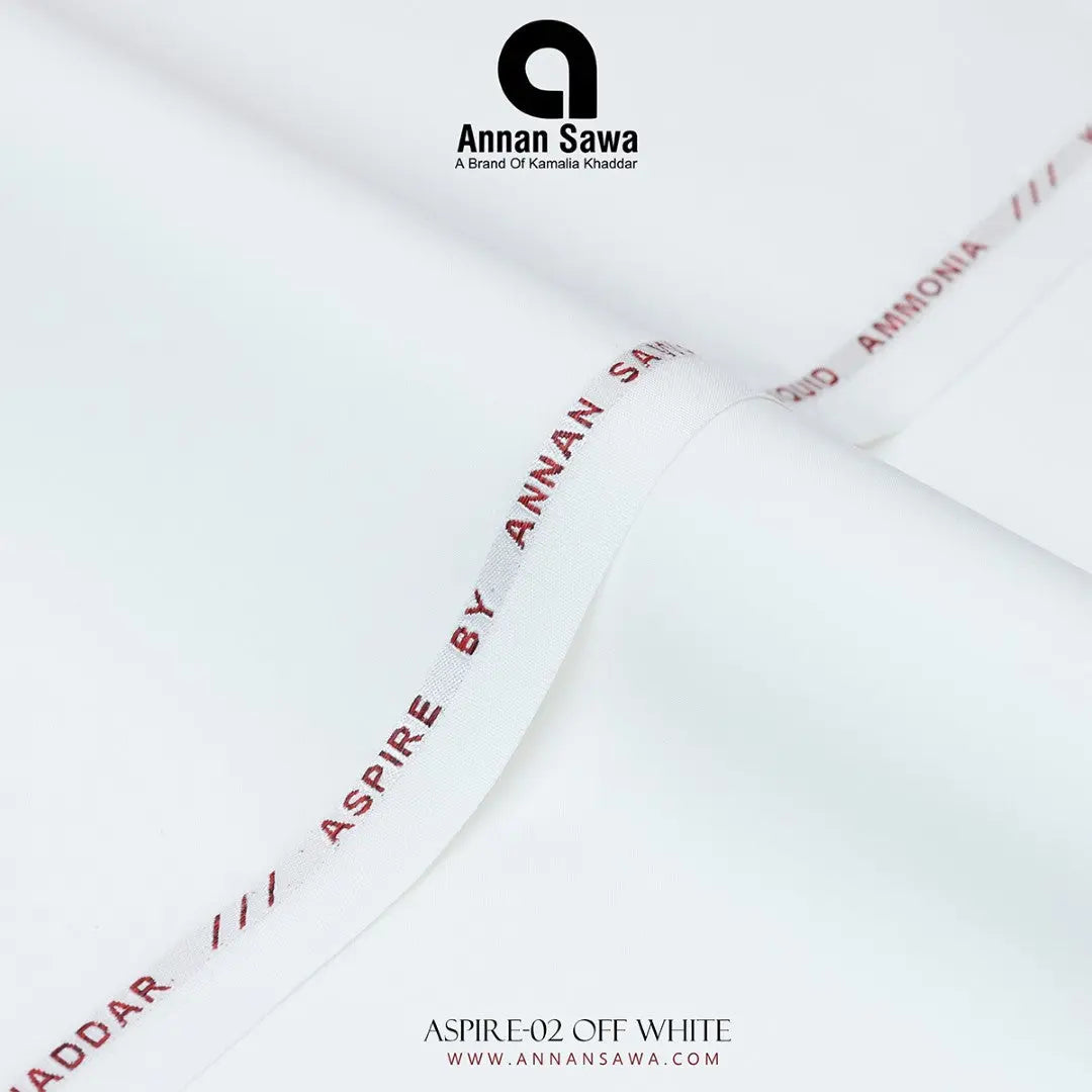 Unstitched Close-up of Off White ASPIRE Wash & Wear fabric – smooth luxury liquid ammonia finish by AnnanSawa