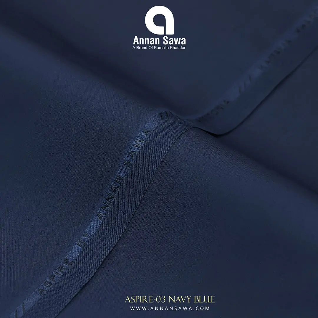 Unstitched Close-up of Navy Blue ASPIRE Wash & Wear fabric – smooth luxury liquid ammonia finish by AnnanSawa