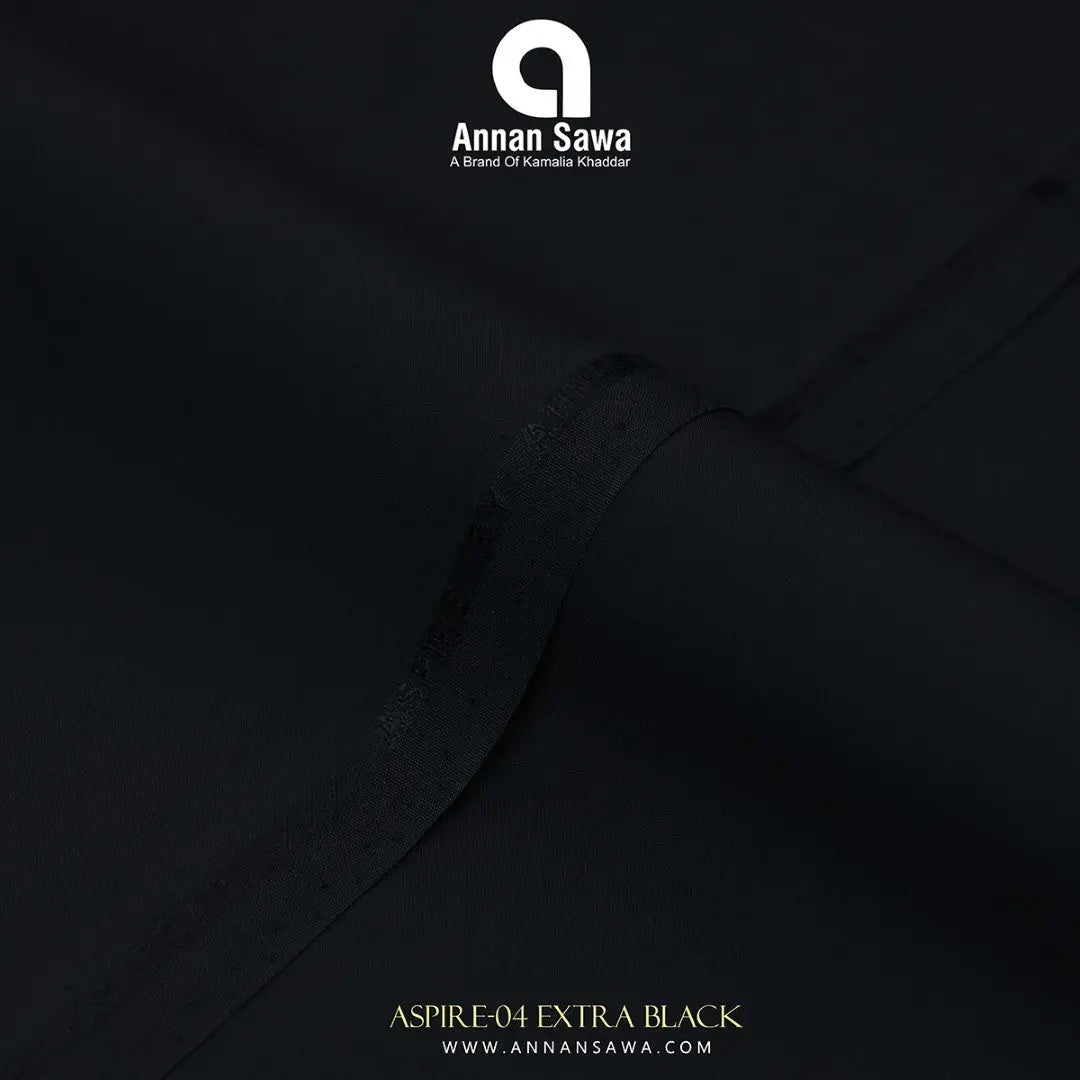 Unstitched Close-up of Extra Black ASPIRE Wash & Wear fabric – smooth luxury liquid ammonia finish by AnnanSawa Collection Image
