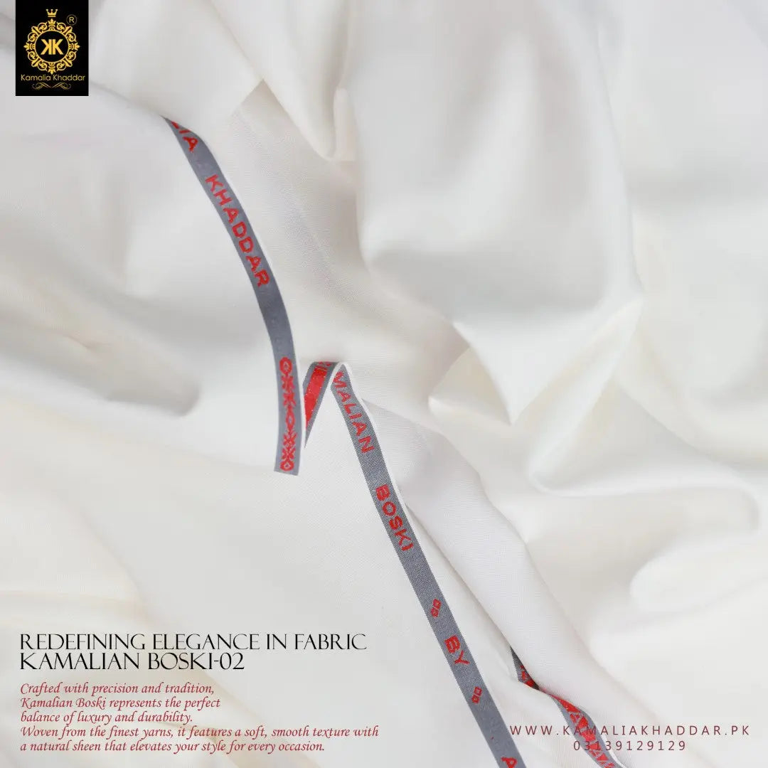 Kamalian Boski with trh text "redefining the elegance in fabric" "kamalian boski 02" also with complete Kamalia Khaddar branding