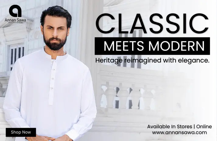 Blog post Image of AnnanSawa in which a men is wearing Latha offered by AnnanSawa with its branding and text "Classic Meets Modern" means that Heritage reimagined with elegance.