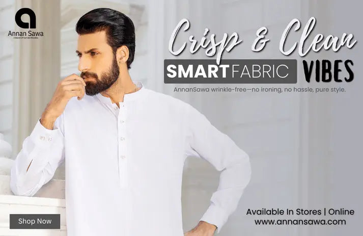 Blog Post Image in which a men is wearing the wrinkle free fabric offerd by AnnanSawa with its branding including the text on image "Crisp & Clean Vibes "Smart Fabric" means that this is effortless and premium quality fabric