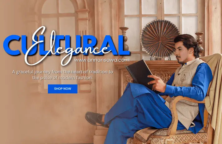 The blog post image in which men sitting at a chair with pashmina wool shawl with AnnanSawa branding and text"Cultural Elegance" means it describes The History of Shawls: From Traditional Wear to Modern Fashion