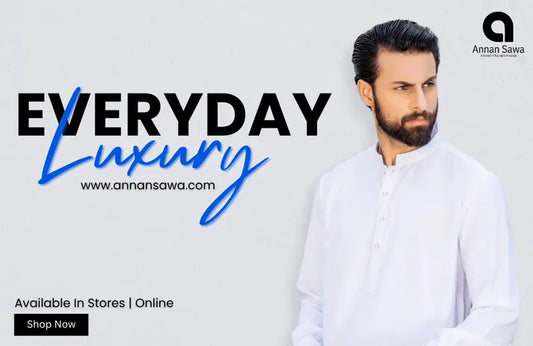 A blog post image in which a men is wearing latha offered by AnnanSawa with its branding and text "Everyday Luxury" means that A premium choice for men who value style and simplicity.