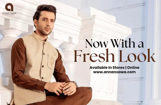 Blog post image in which a men is wearing cotton fabric offered by AnnanSawa with ist branding and text "Now With a Fresh Look"