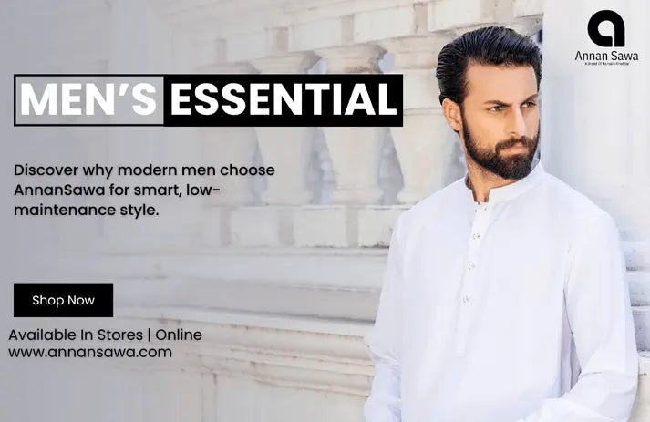 Blog post image in which a men is wearing the fabric offered by AnnanSawa A Brand Of kamalia Khaddar with its branding with the text "Men's Essential" related to the Wash & Wear fabric