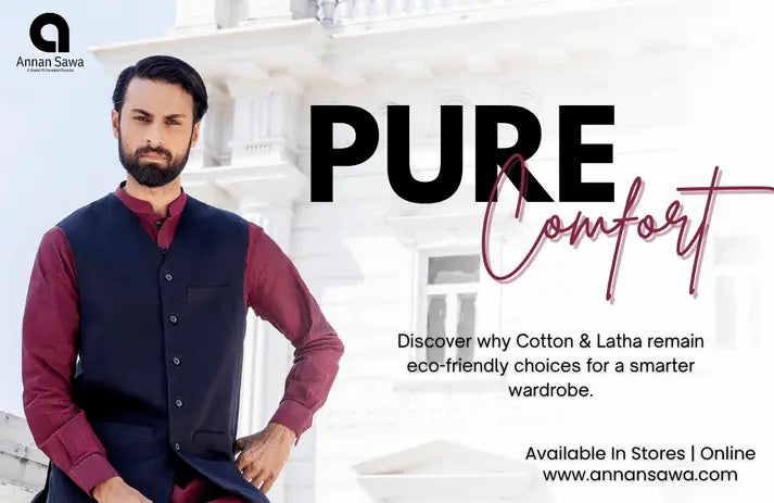 A men wearing fabric from AnnanSawa with its branding also with the text Pure Comfort