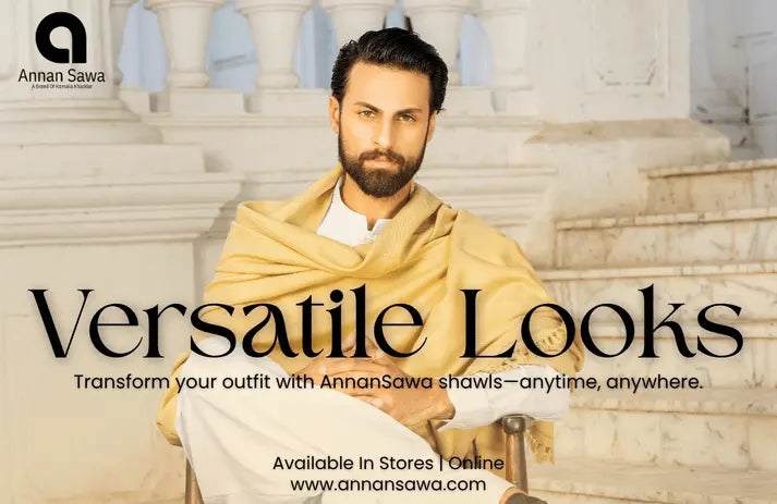 Blog post image in which a men wearing a Pashmina wool shawl with AnnanSawa branding