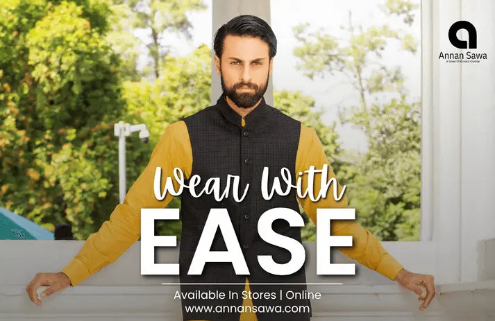 Blog post image in which a model is wearing the fabric offered by AnnanSawa A Brand Of Kamalia Khaddar with its branding and the text "Wear With Ease" means AnnanSawa Wash & Wear—where style meets all-day comfort. 