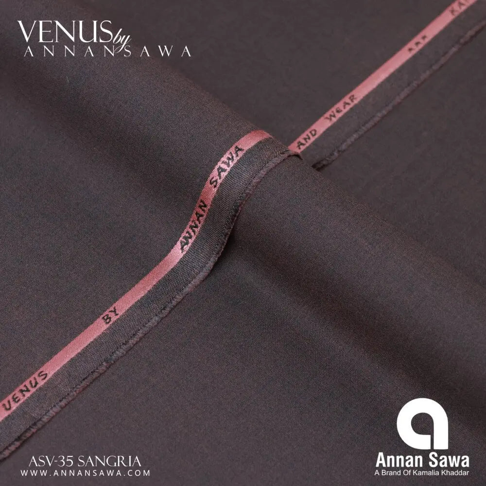 Close-up of sangria wash and wear fabric with Annan Sawa branding.