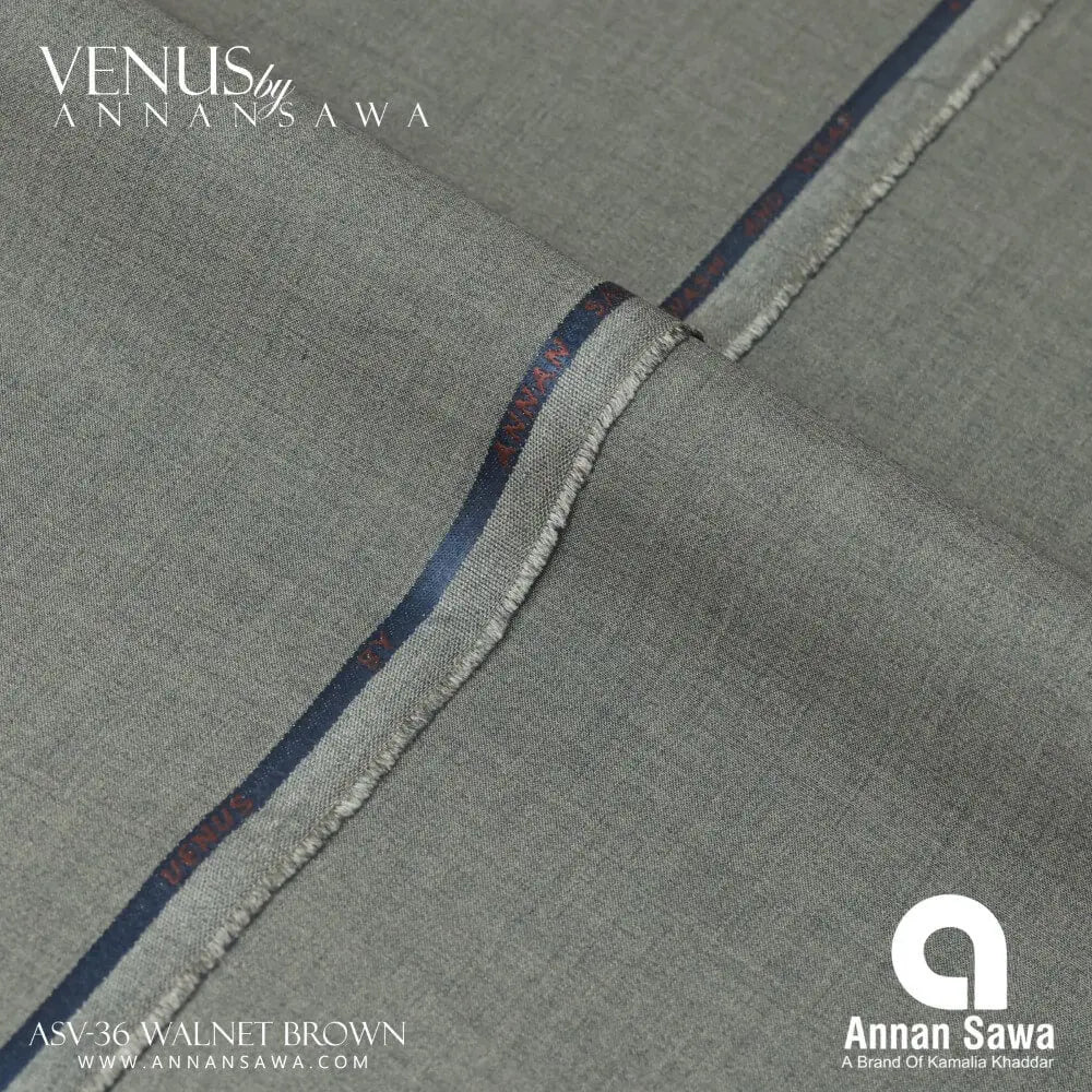 Close-up of walnet brown wash and wear fabric with Annan Sawa branding.
