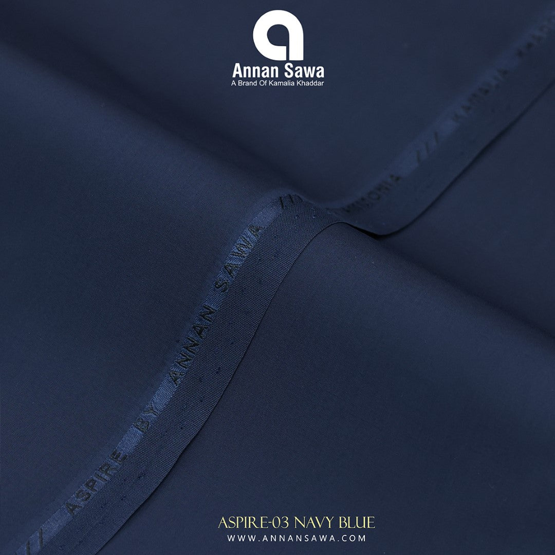Unstitched Close-up of Navy Blue ASPIRE Wash & Wear fabric – smooth luxury liquid ammonia finish by AnnanSawa