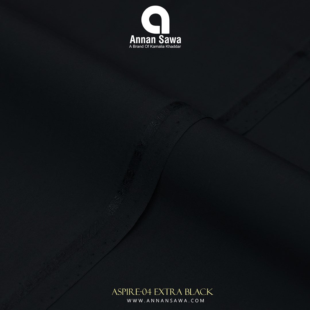 Unstitched Close-up of Extra Black ASPIRE Wash & Wear fabric – smooth luxury liquid ammonia finish by AnnanSawa Collection Image