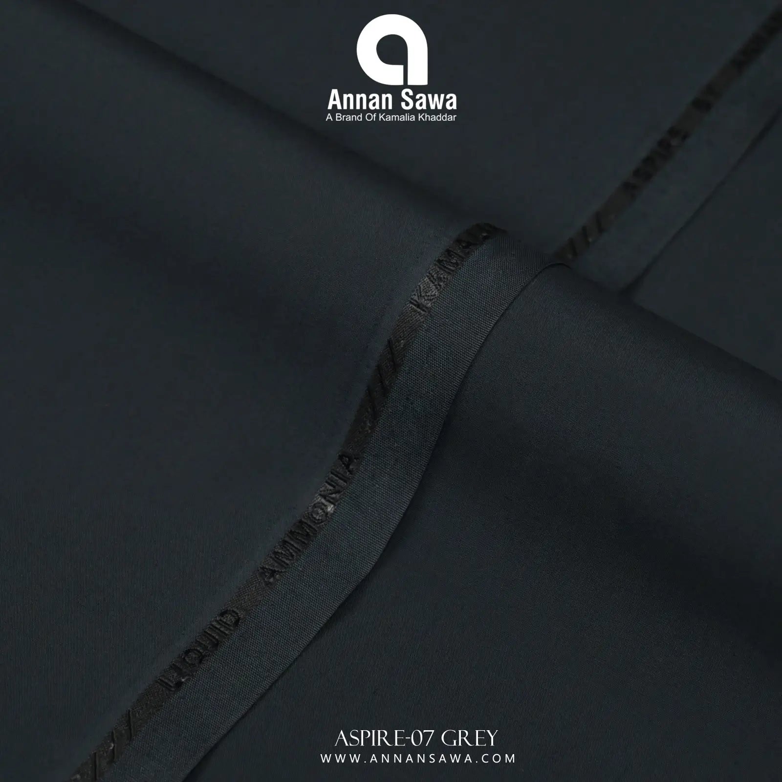 Unstitched Close-up of Grey ASPIRE Wash & Wear fabric – smooth luxury liquid ammonia finish by AnnanSawa