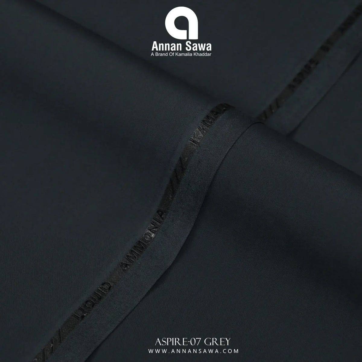 Unstitched Close-up of Grey ASPIRE Wash & Wear fabric – smooth luxury liquid ammonia finish by AnnanSawa