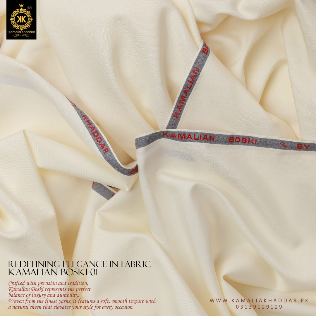 Kamalian Boski with trh text "redefining the elegance in fabric" "kamalian boski 01" also with complete Kamalia Khaddar branding