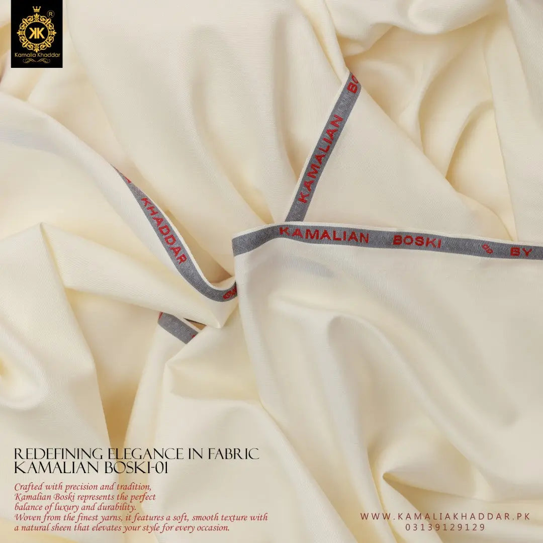 Kamalian Boski with trh text "redefining the elegance in fabric" "kamalian boski 01" also with complete Kamalia Khaddar branding