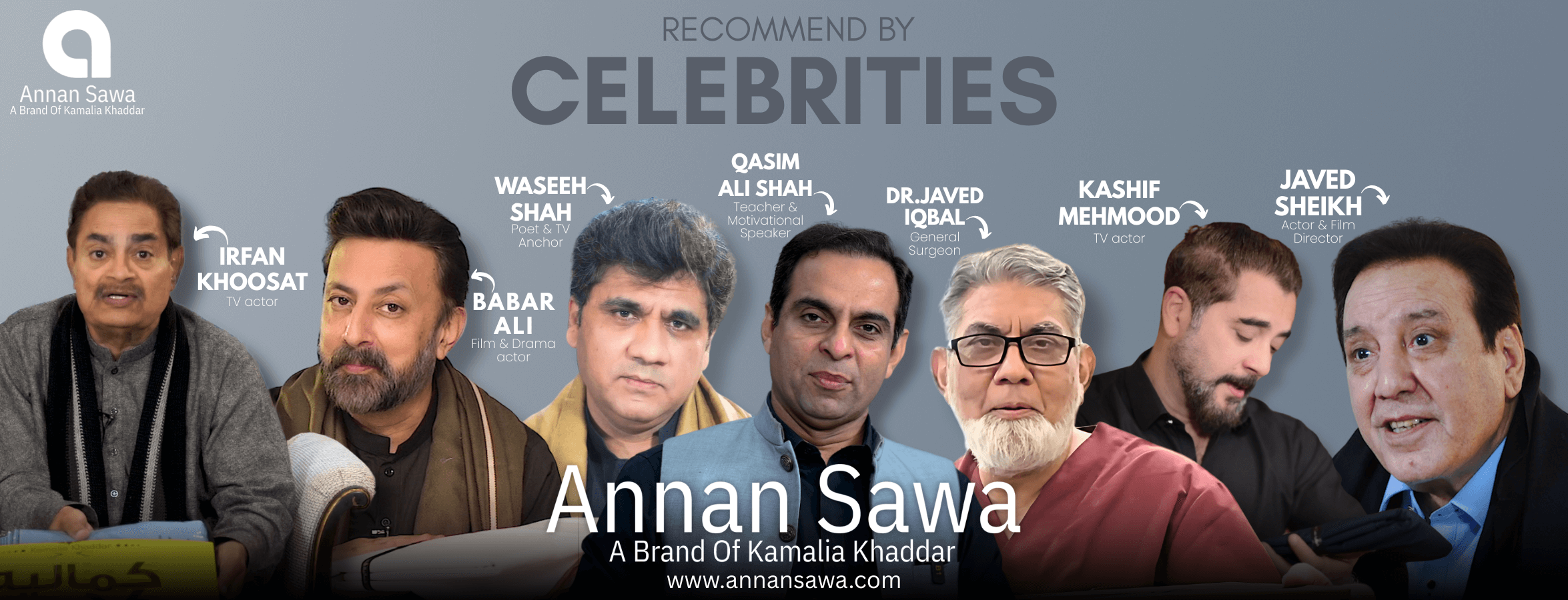 Promotional banner featuring celebrities endorsing a Annan Sawa brand of kamalia khaddar with text and logo.